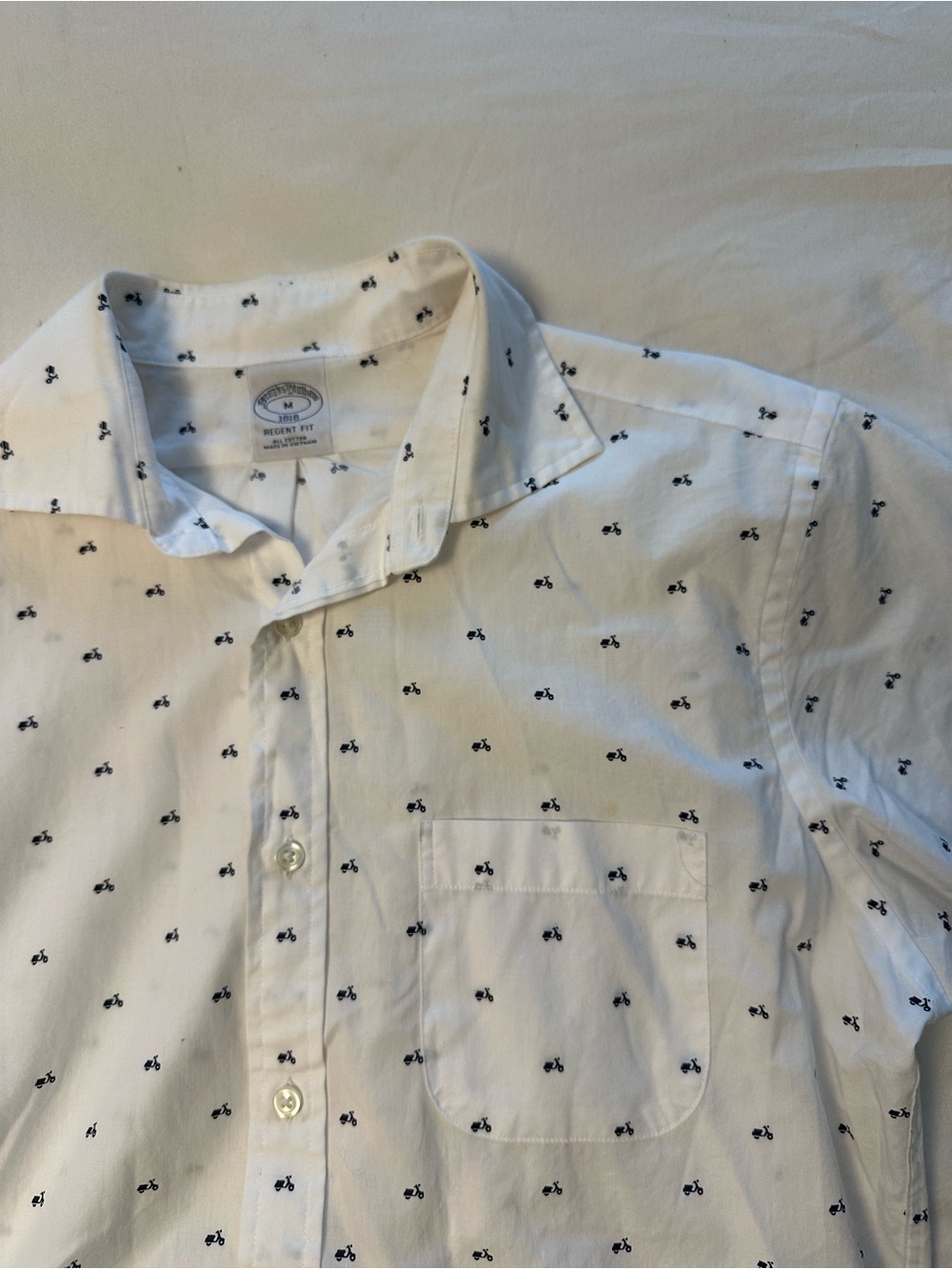 Brooks Brothers White Button-Down Shirt with Navy Micro Bicycle Print